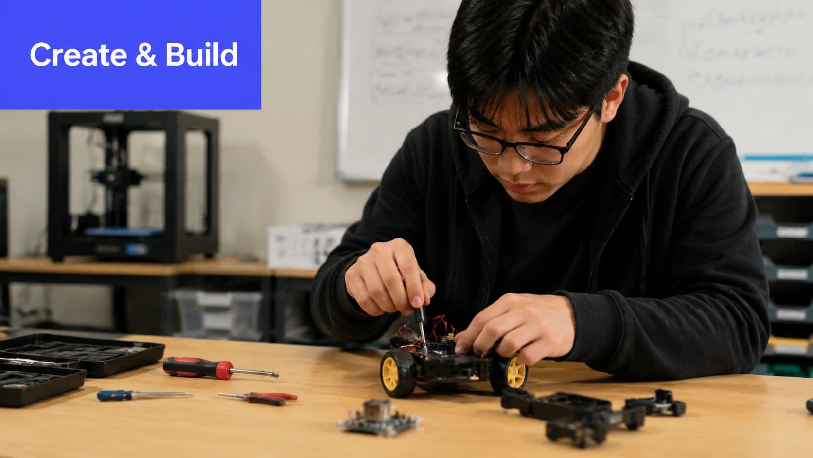A focused student assembling a small robotic vehicle in a technology workspace for engineering and science projects.