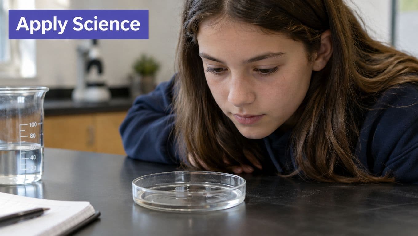 A young female student observing a petri dish filled with liquid in a science laboratory setting.