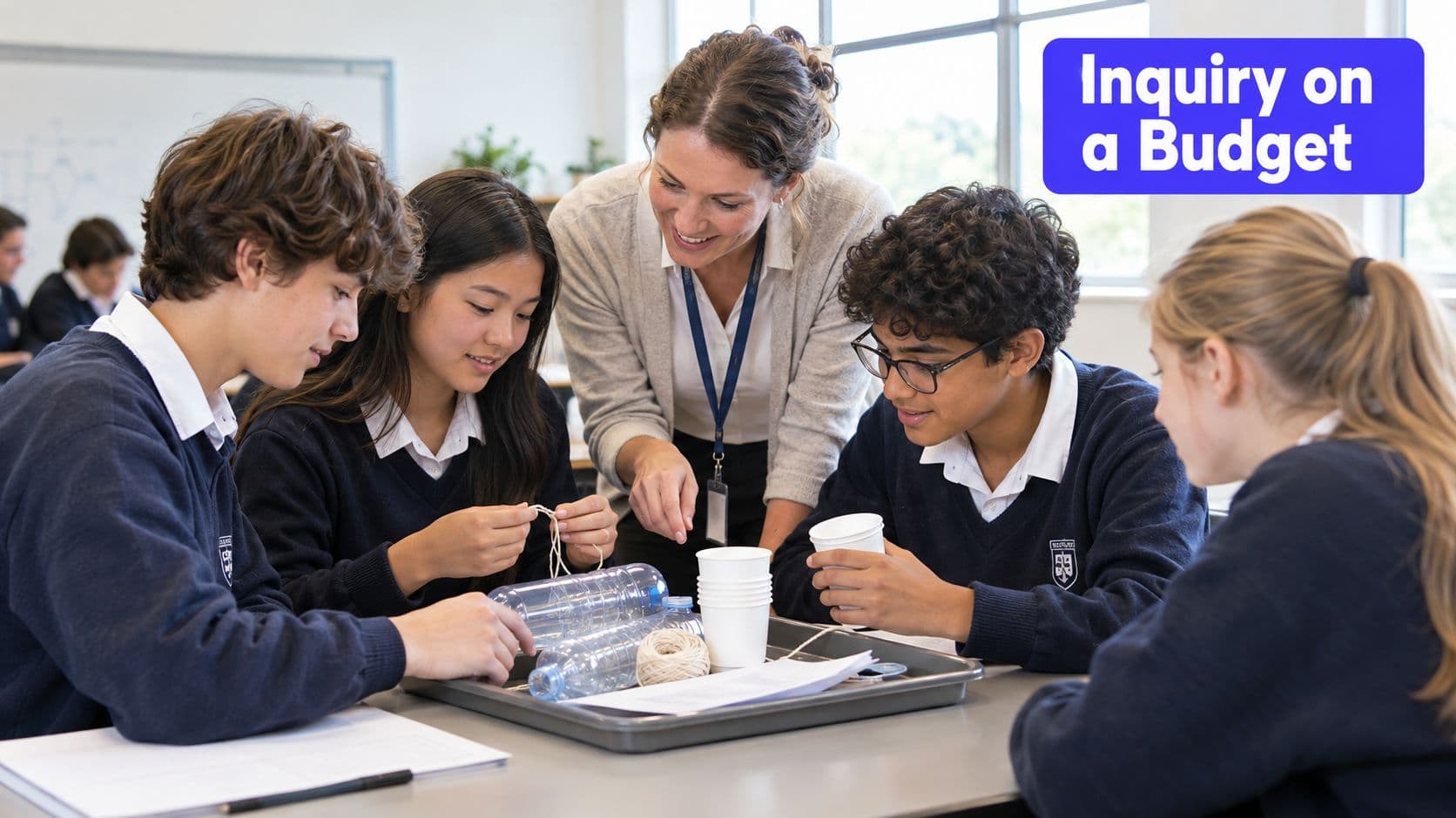 A teacher guiding a diverse group of students working on a science project in a classroom setting.