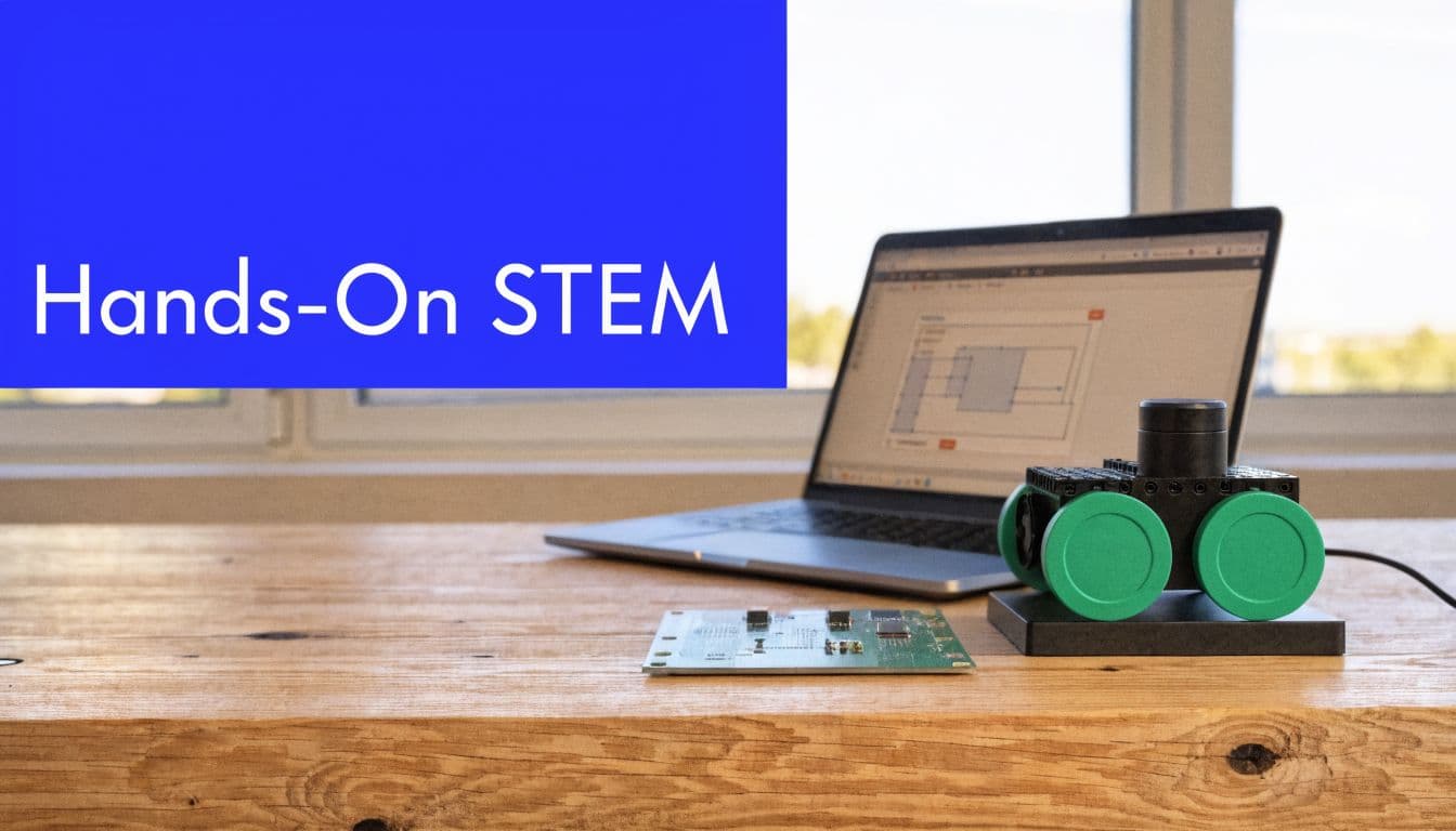 A laptop, a small circuit board, and a robotic device sitting on a wooden classroom desk.