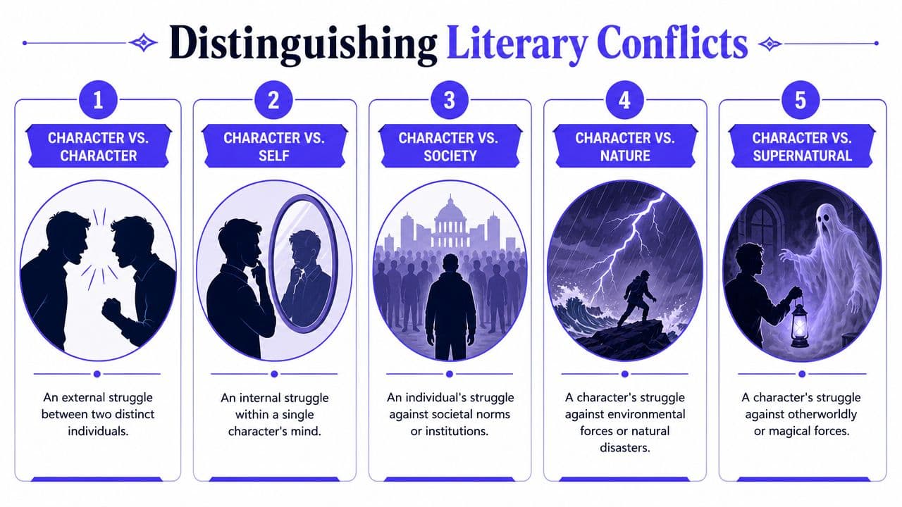 An educational chart illustrating five types of literary conflicts including character, self, society, nature, and supernatural.