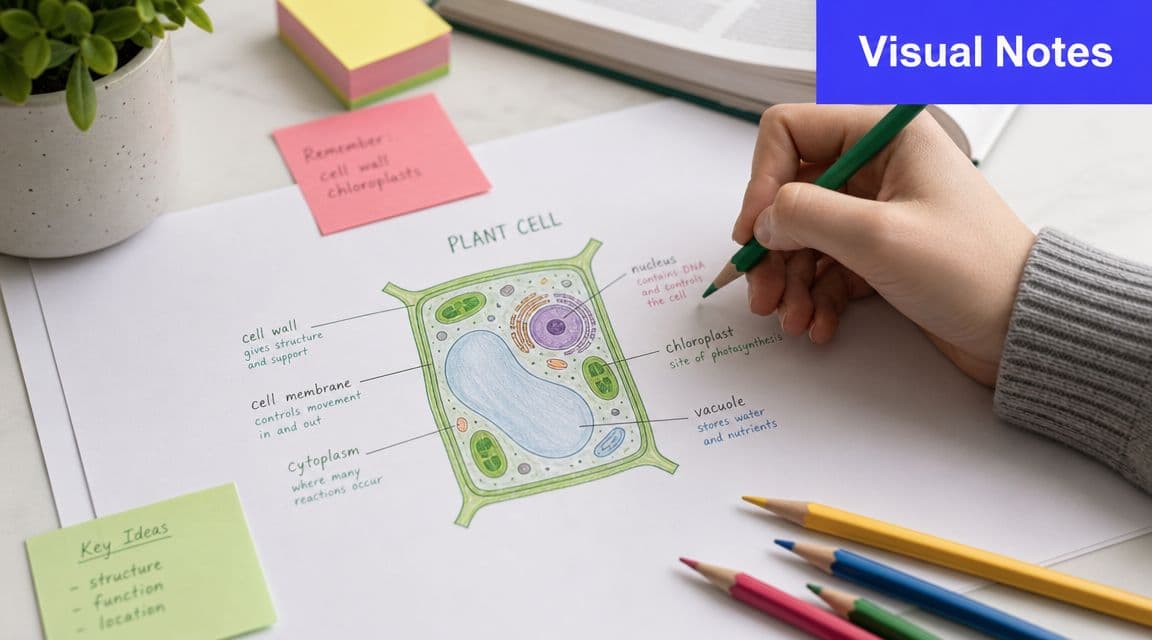 A hand draws a diagram of a plant cell with labeled parts on a white sheet.