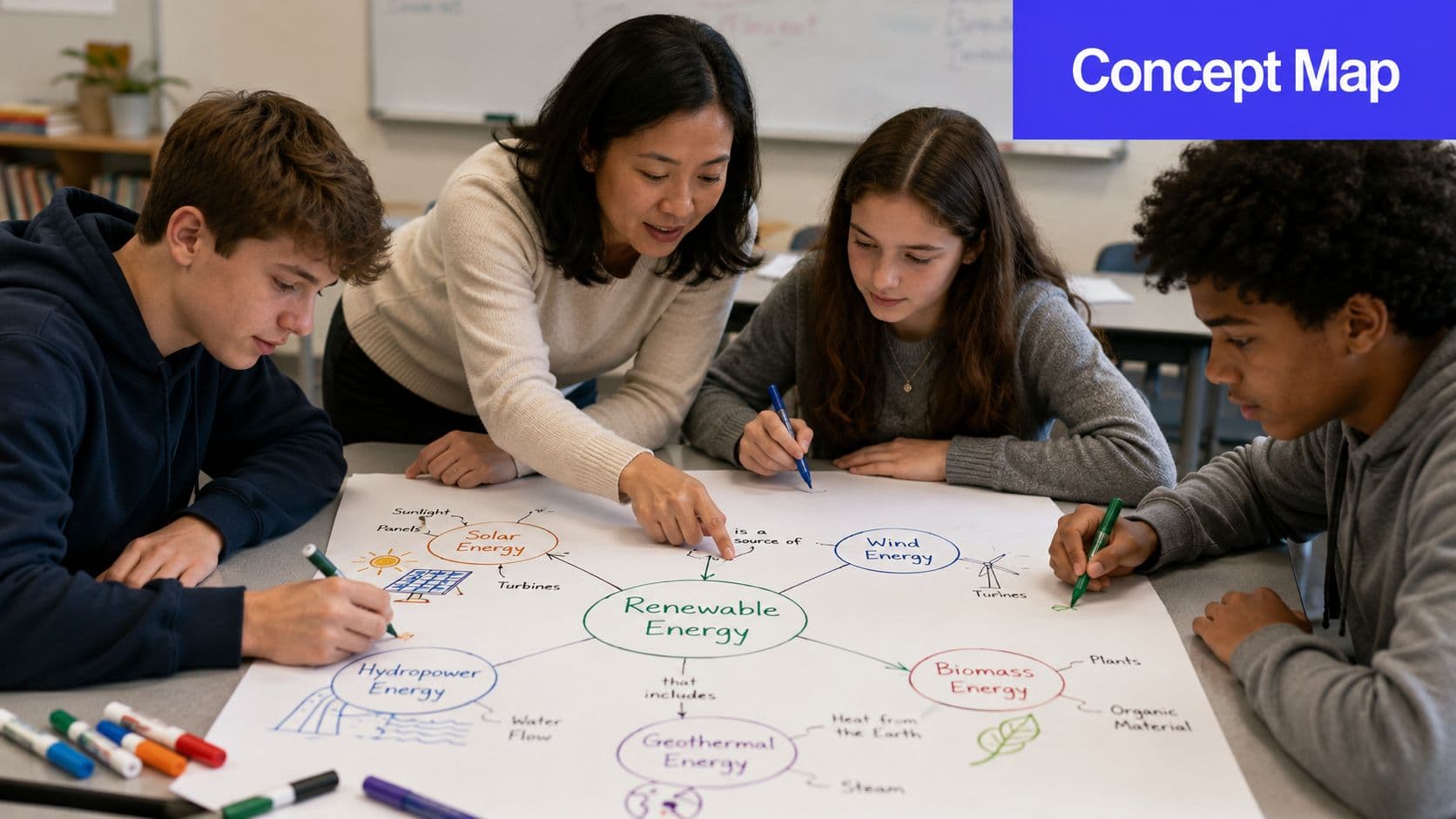 A teacher and three students collaborate on a hand-drawn concept map about renewable energy in a classroom.