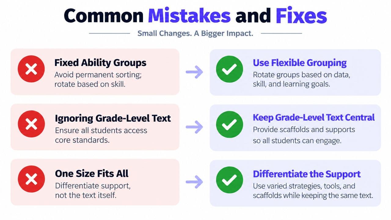 A visual guide illustrating common educational mistakes in reading instruction alongside recommended teaching fixes for student success.