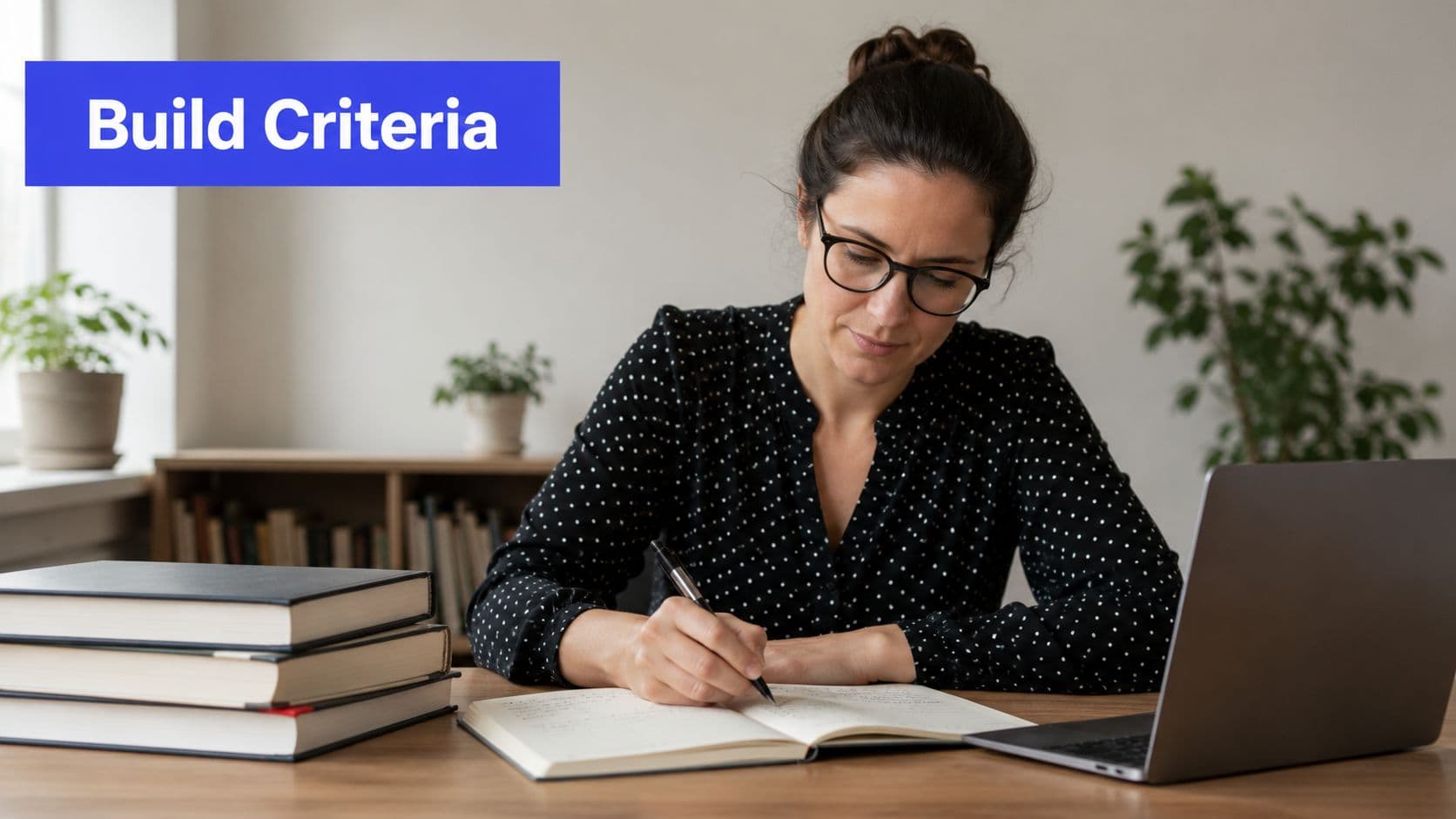 A woman with glasses writing in a notebook next to a laptop and books at a desk.