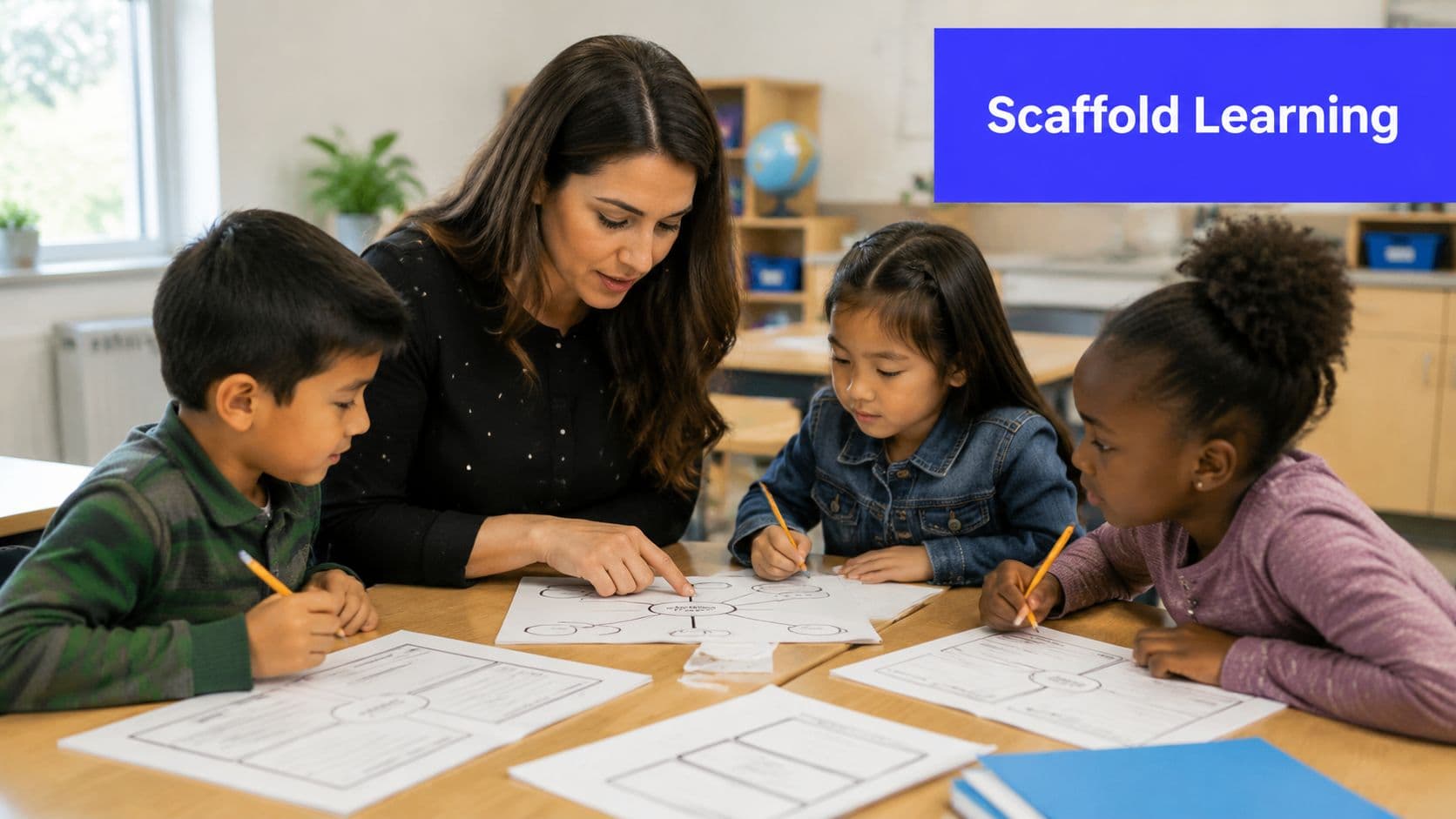 A teacher assisting three young diverse students with their school worksheets at a wooden classroom table.