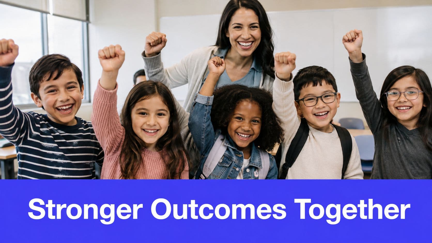A diverse group of elementary school children and their teacher cheering with their arms raised in class.