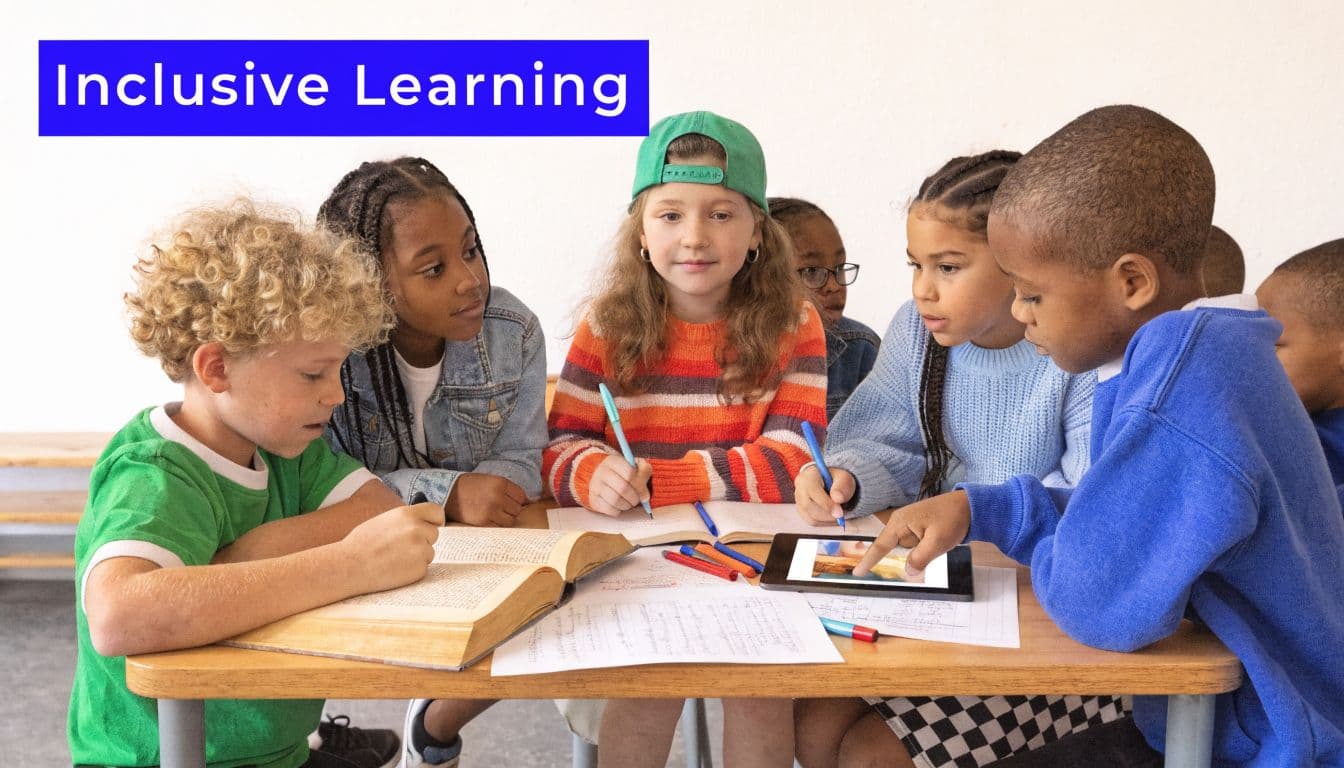 A diverse group of elementary students sitting together at a wooden table studying with books and tablets.