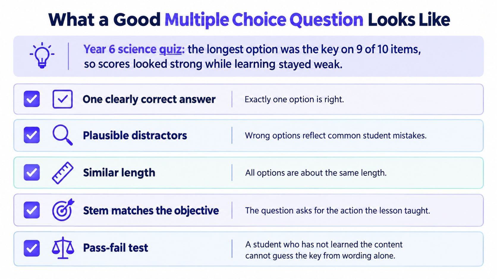 An infographic detailing five key characteristics for creating effective multiple choice questions in educational settings.