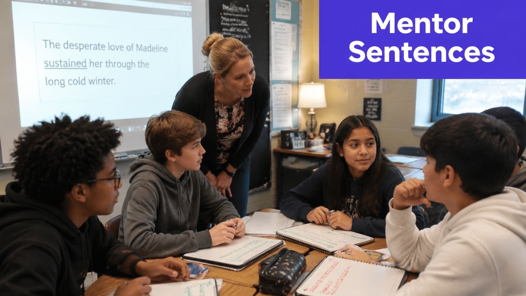 A teacher works with a diverse group of students around a table during a grammar lesson.