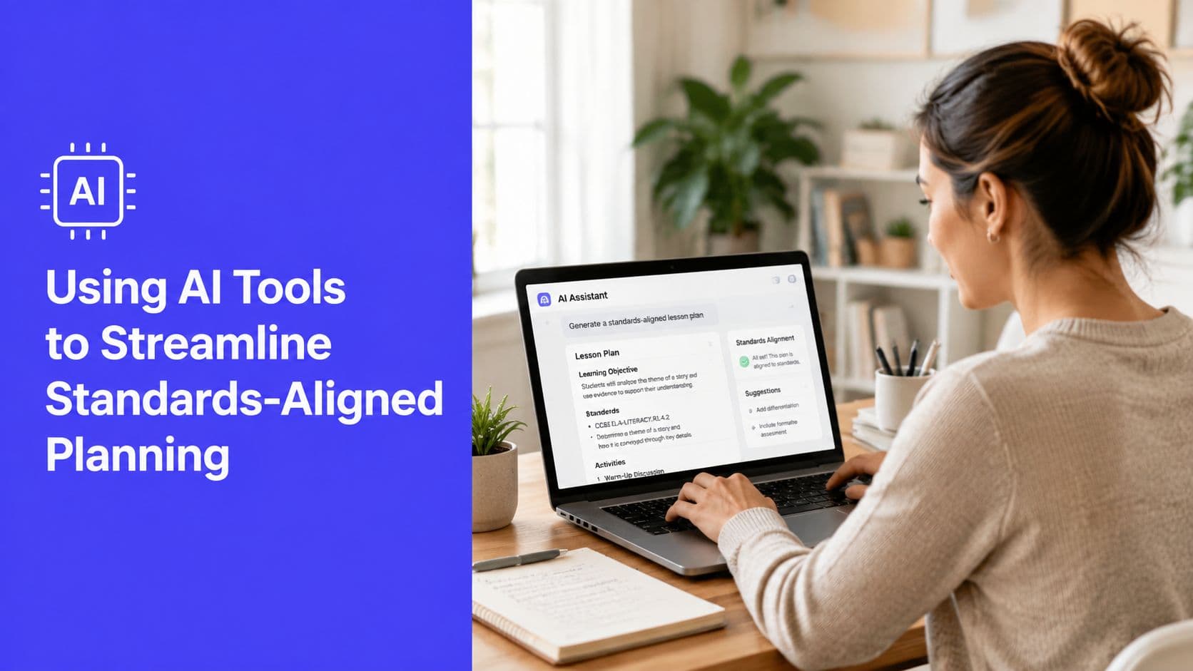 A teacher working on a laptop to create standards-aligned lesson plans using an AI assistant tool.