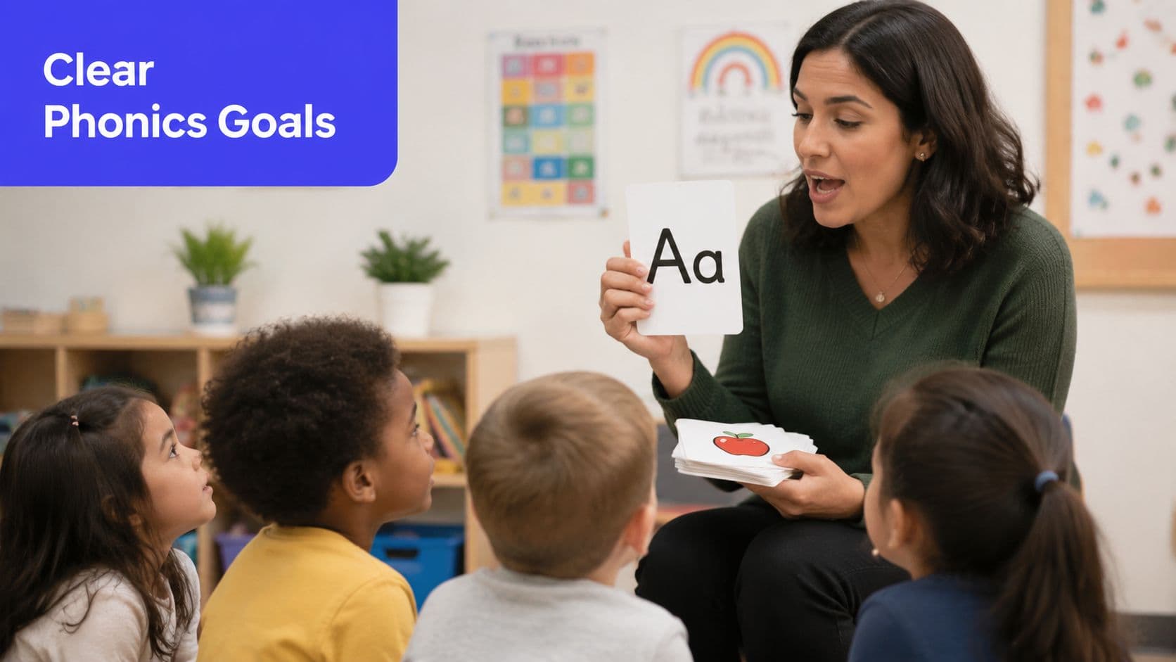 A teacher holding an alphabet flashcard in front of a group of attentive young preschool students.
