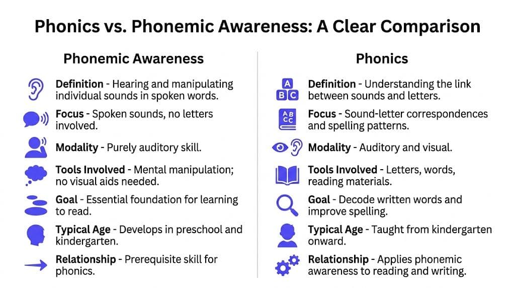 A comparison chart outlining the key differences between phonemic awareness and phonics in education.