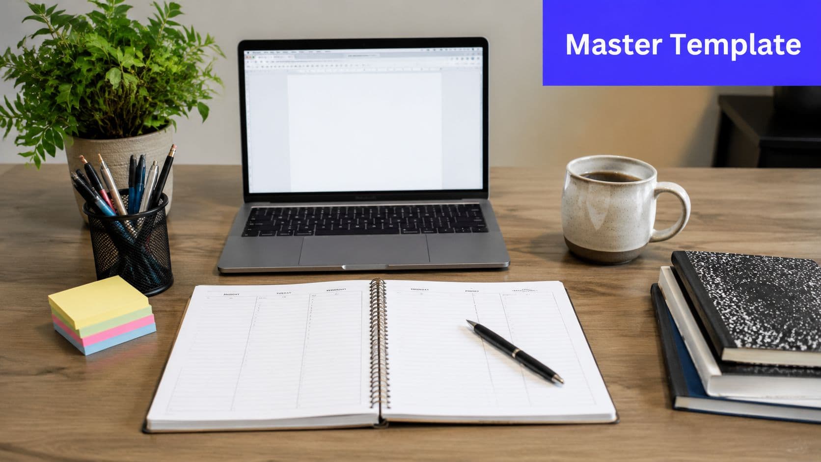 A clean workspace featuring a laptop, open planner, coffee mug, and office supplies on a wooden desk.