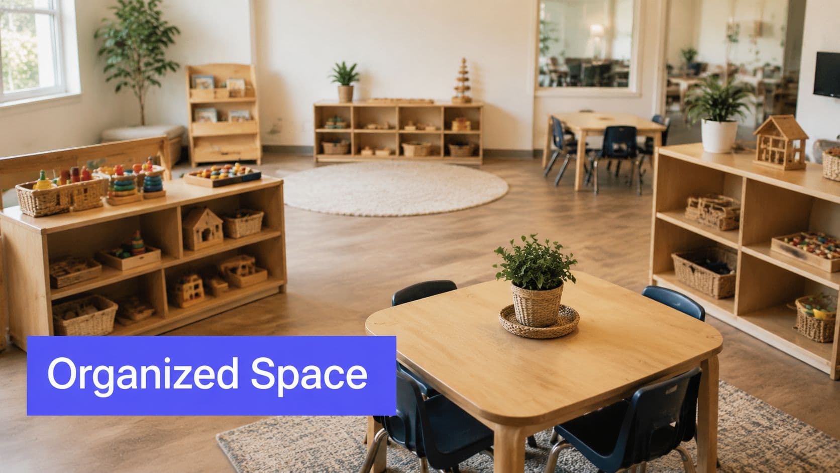 A clean, organized preschool classroom featuring wooden furniture, play materials on shelves, and small tables with chairs.