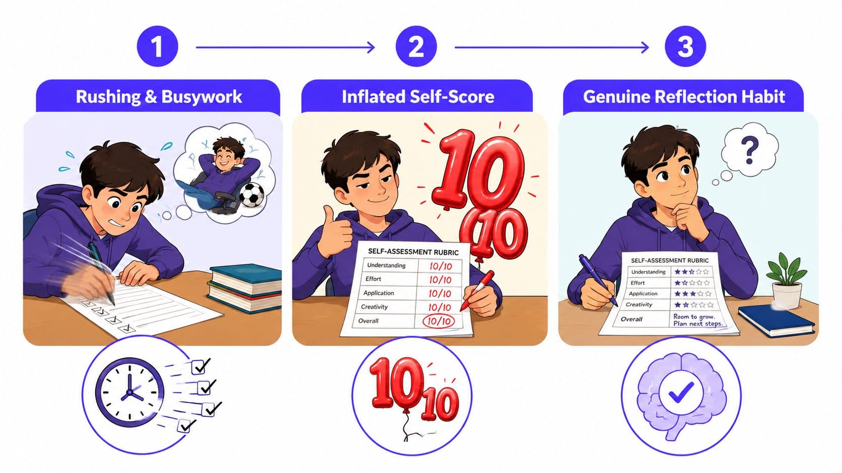 A three-step infographic showing a student moving from rushing through work to a genuine self-reflection habit.