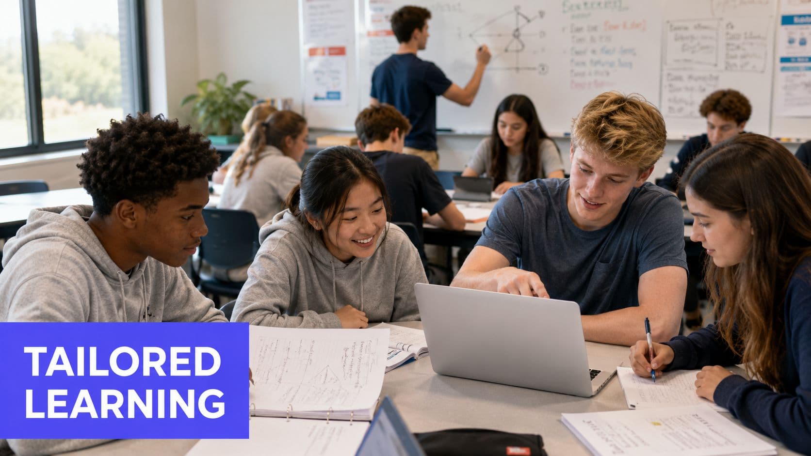 A diverse group of high school students collaborating on a group project while using a laptop.
