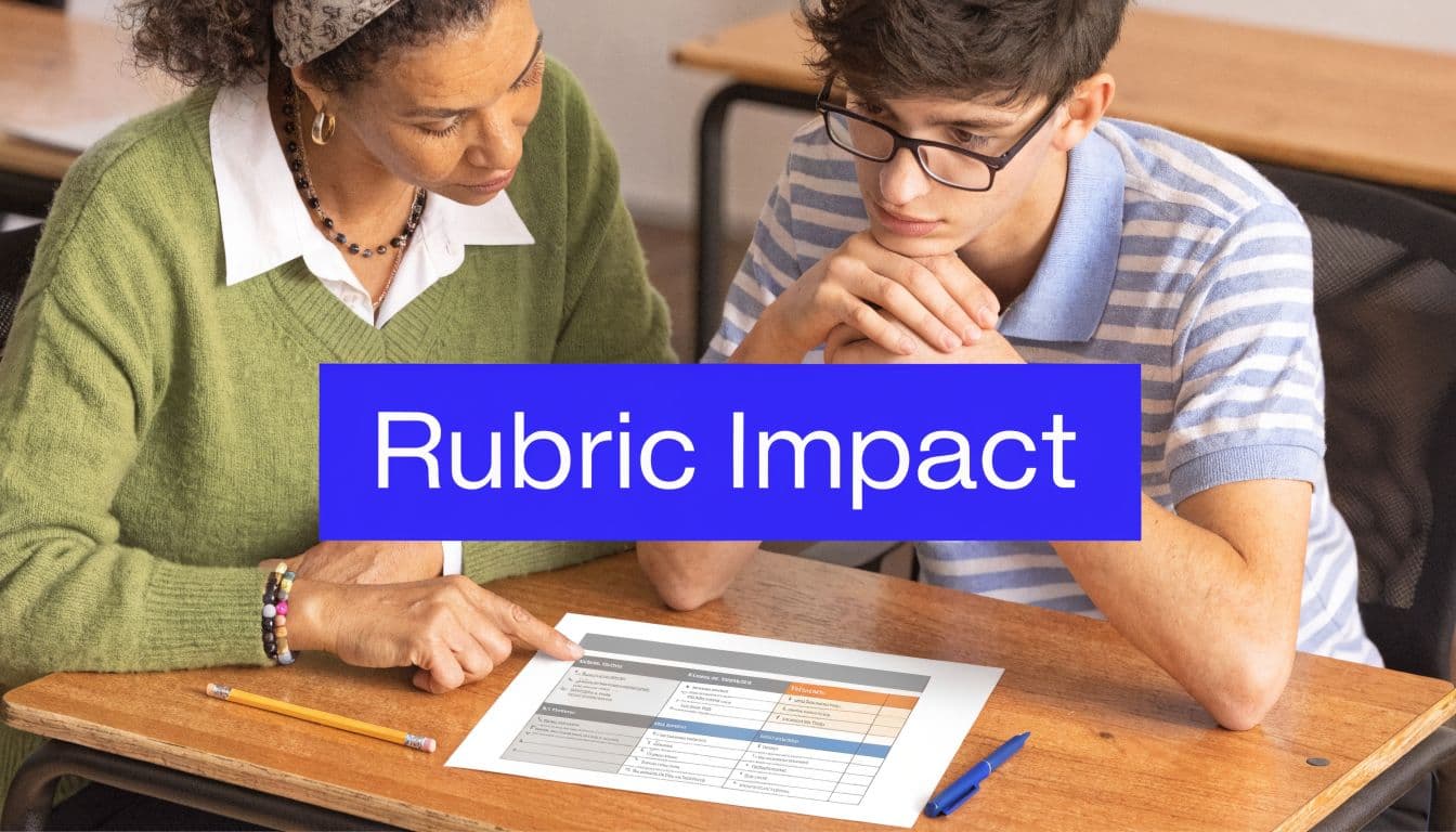 A teacher assisting a male student while reviewing an assessment rubric document at a classroom desk.