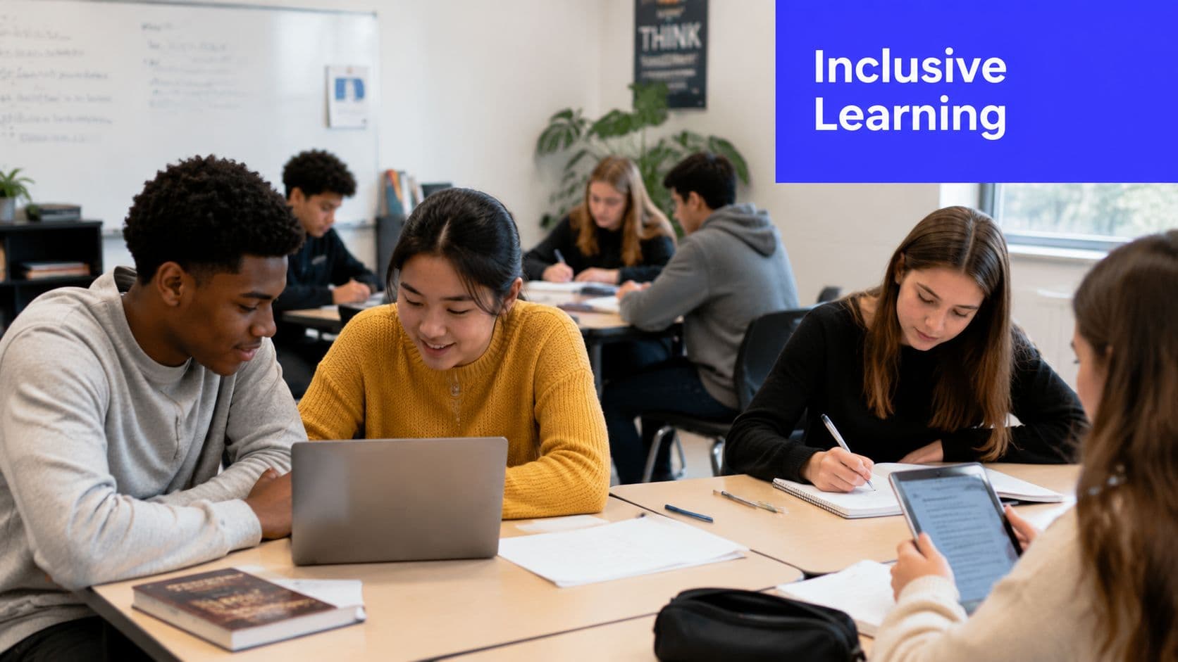 A diverse group of students collaborating together in a bright, modern classroom while using digital devices.