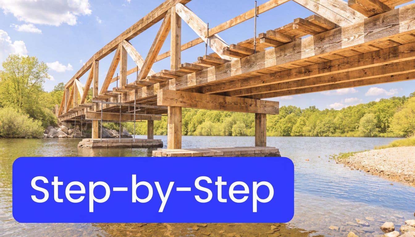 A wooden bridge under construction over a calm river surrounded by lush green trees and rocky banks.