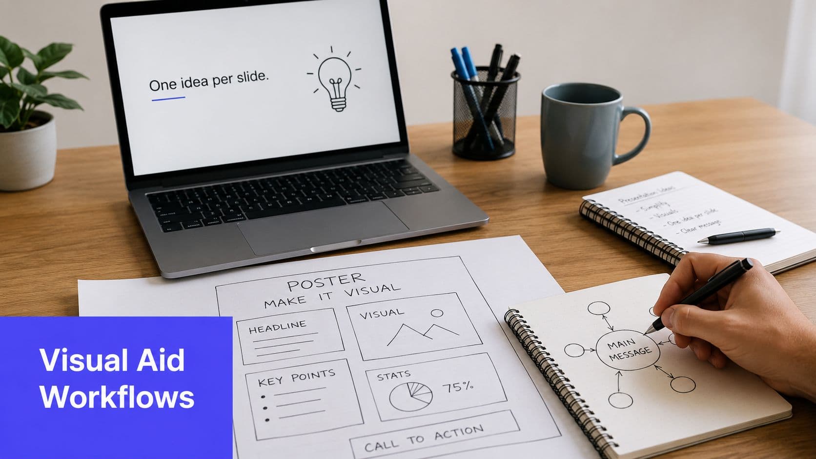 A workspace featuring a laptop showing presentation tips, design notes, and a hand drawing a concept diagram.