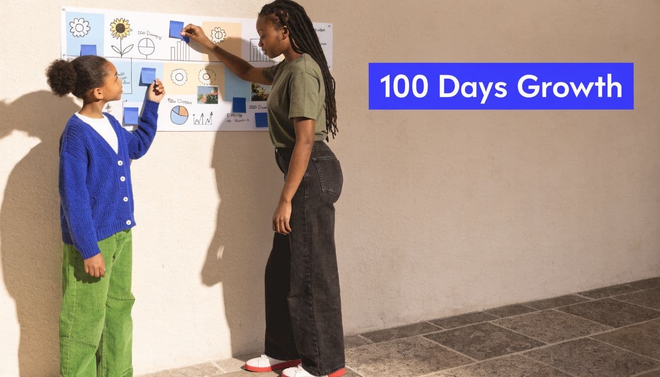 A woman and a young child collaborating on a growth chart activity on a white wall.