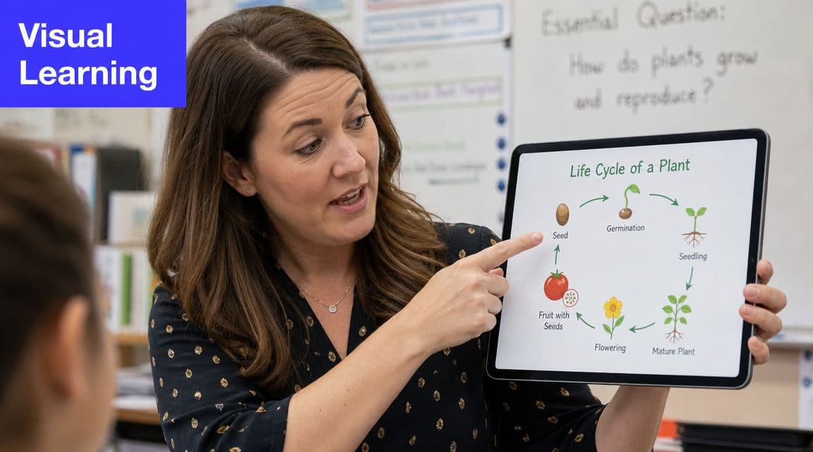 A teacher pointing to a digital tablet displaying the life cycle of a plant to a student.