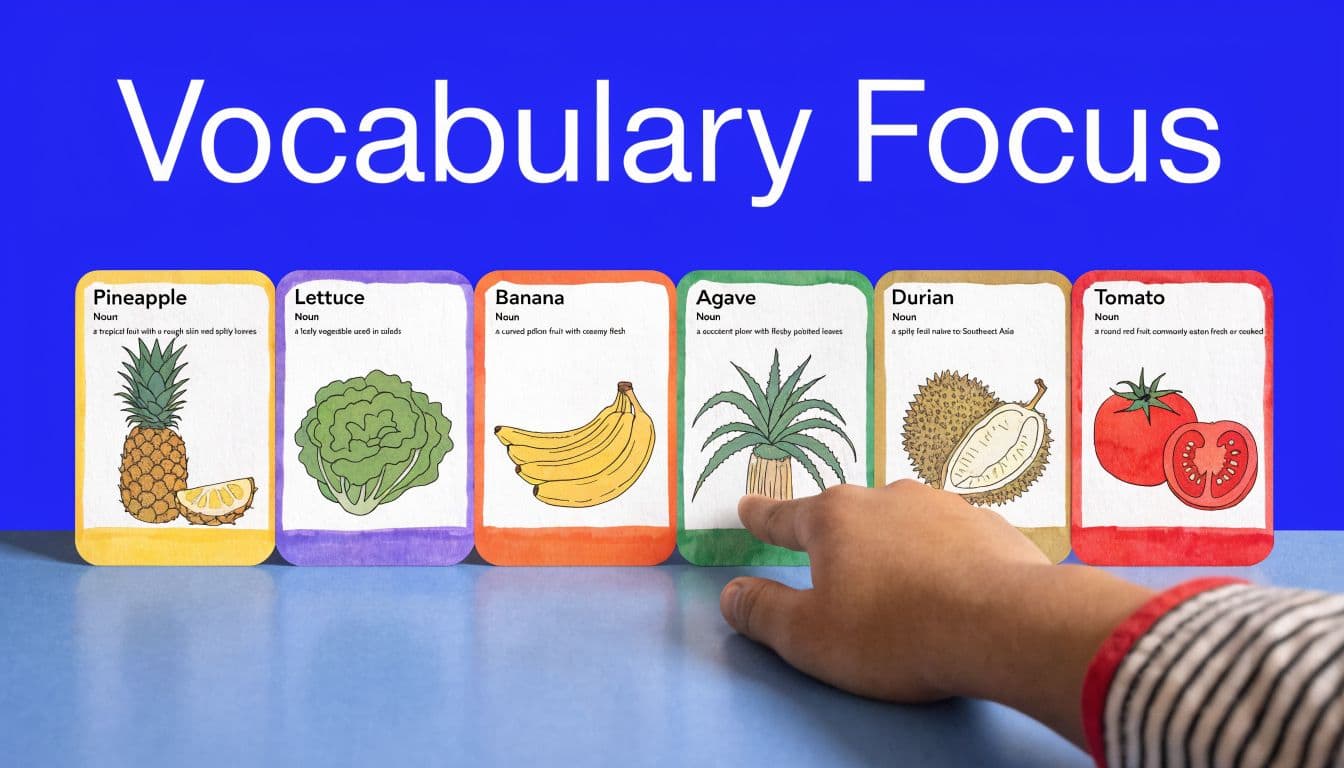 A hand pointing to a card featuring an illustration of an agave plant with vocabulary definitions.