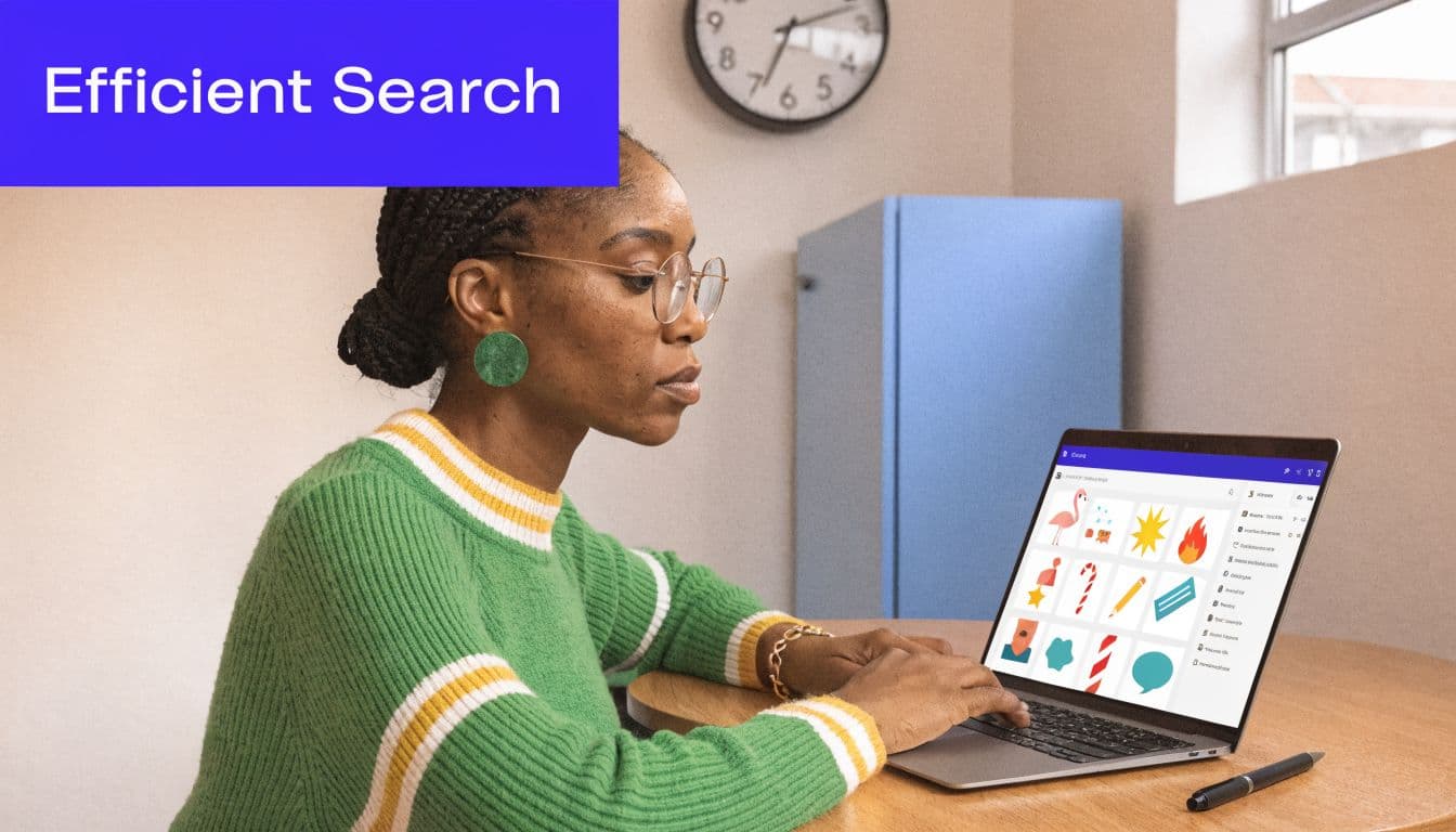 A woman in a green sweater sits at a table using a laptop to browse clipart icons.