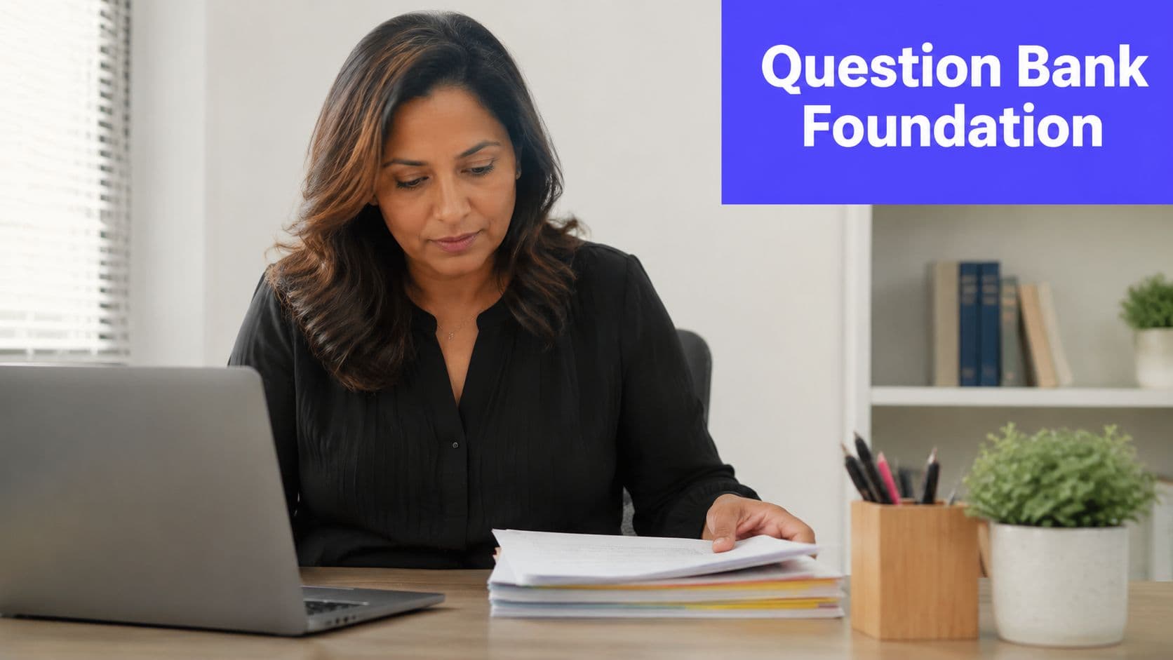 A professional woman working at her desk with a laptop and a stack of papers.