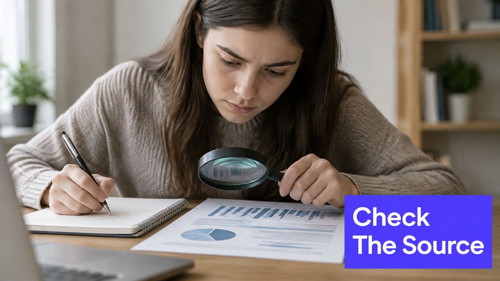 A young woman wearing a sweater uses a magnifying glass to carefully analyze financial charts and data.