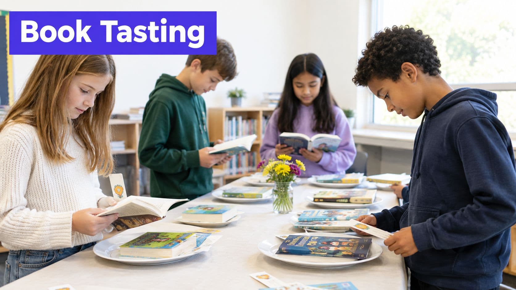 A diverse group of students stand around a long table exploring and reading books during a school event.