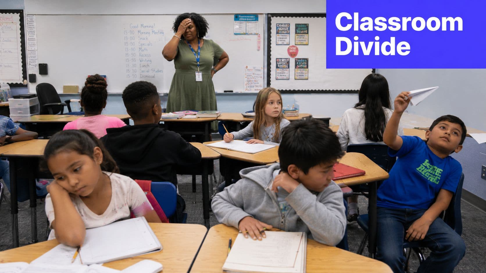 A teacher looks stressed while her elementary students work at their desks in a modern classroom.
