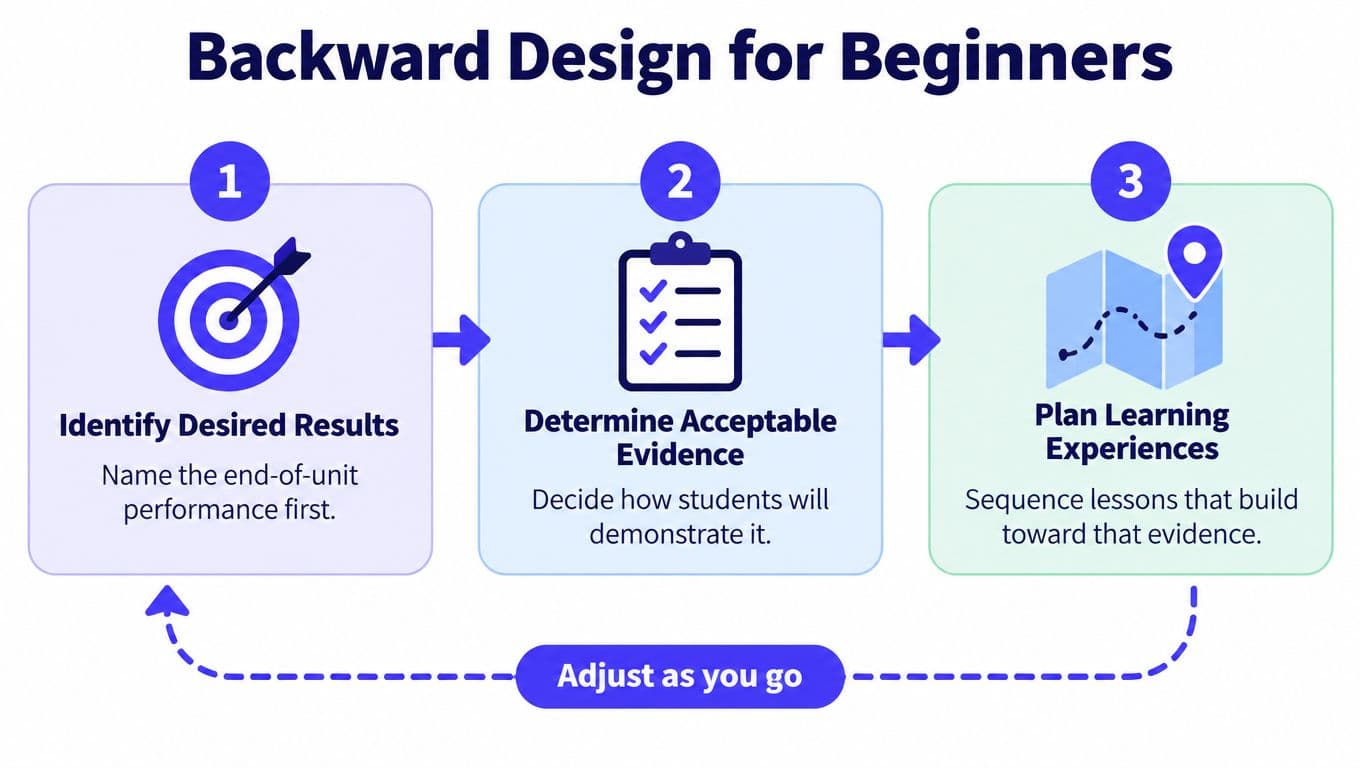 A diagram illustrating the three steps of the backward design process for educational unit planning.