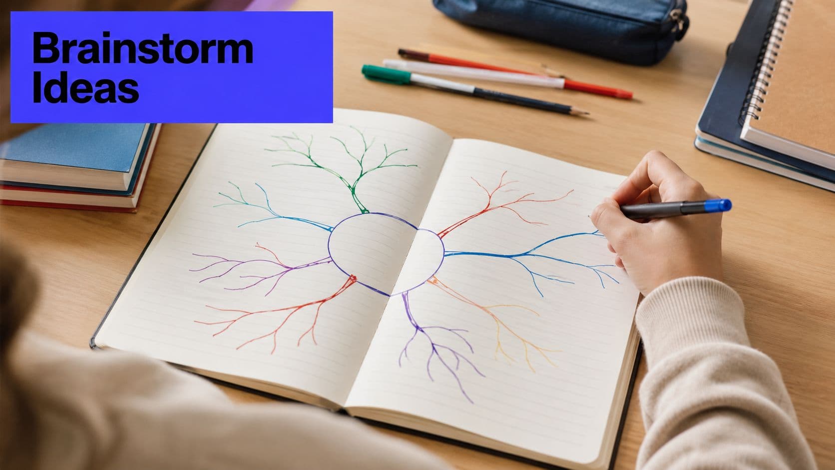A person writing in a notebook to create a colorful hand-drawn mind map graphic organizer.