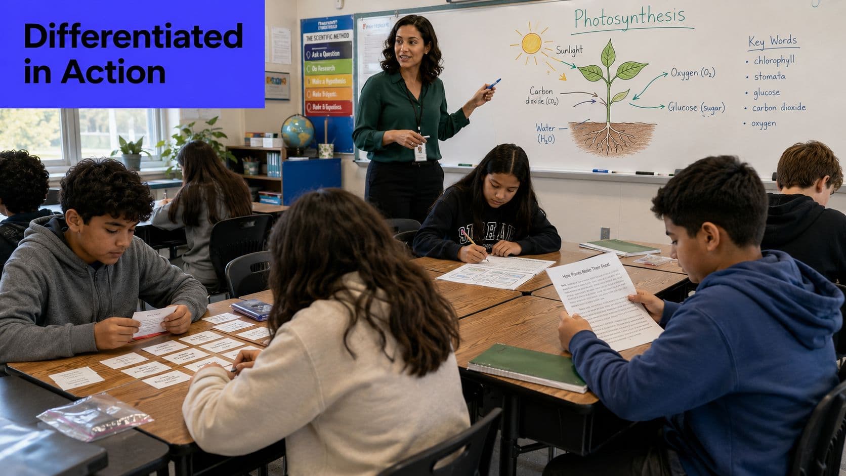 A teacher leading a science lesson on photosynthesis in a diverse classroom with students engaged in learning.