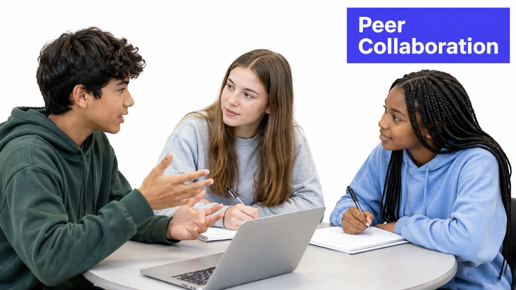 Three diverse students collaborating together around a table while discussing a project on a laptop.