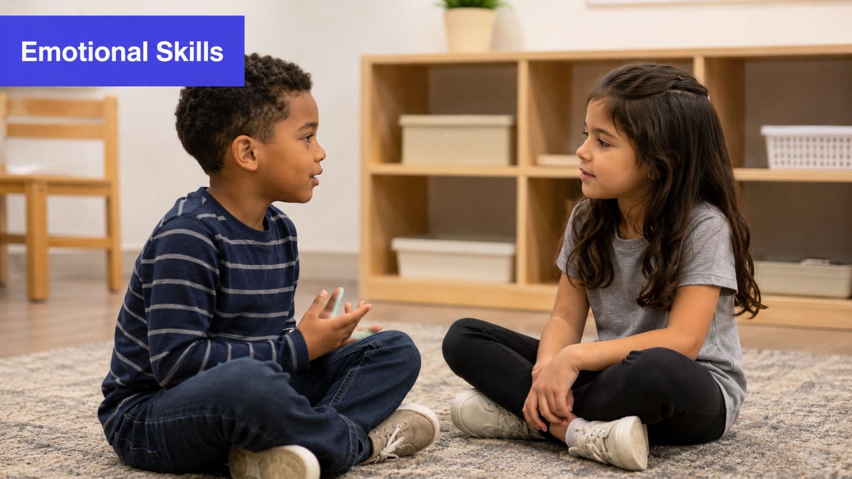 A young boy and girl sitting on a rug talking to each other about emotional skills.
