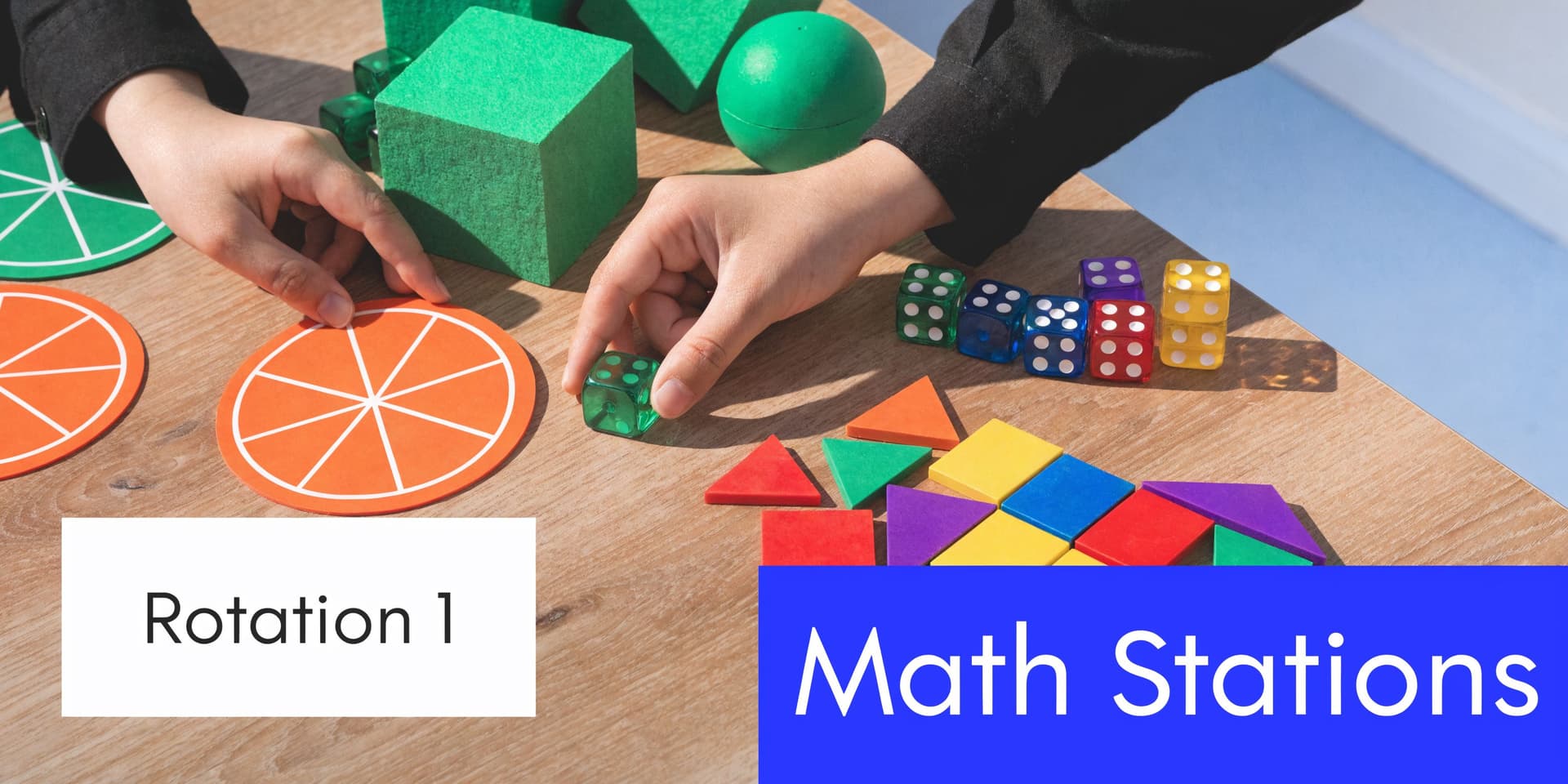 A child learning with math manipulatives like geometric shapes, dice, and colorful circular fraction pieces on a table.