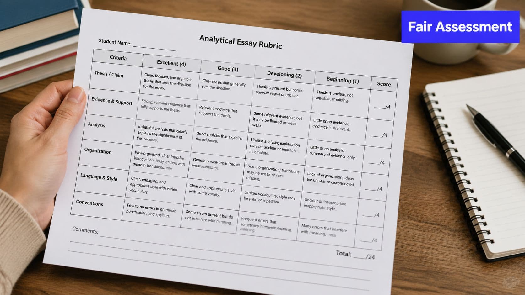 A hand holding an analytical essay rubric sheet on a desk with a notebook and pen.