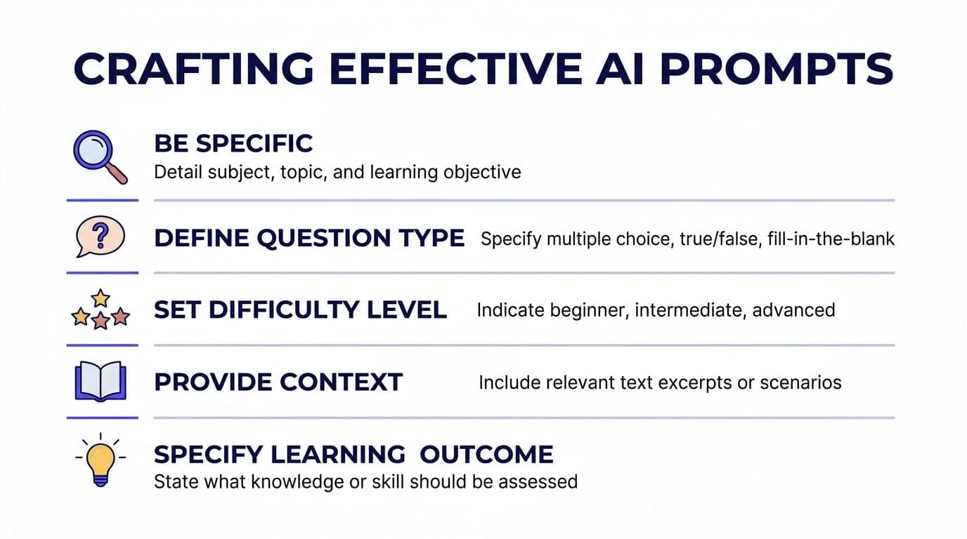 An infographic titled Crafting Effective AI Prompts outlining five steps for creating better artificial intelligence questions.