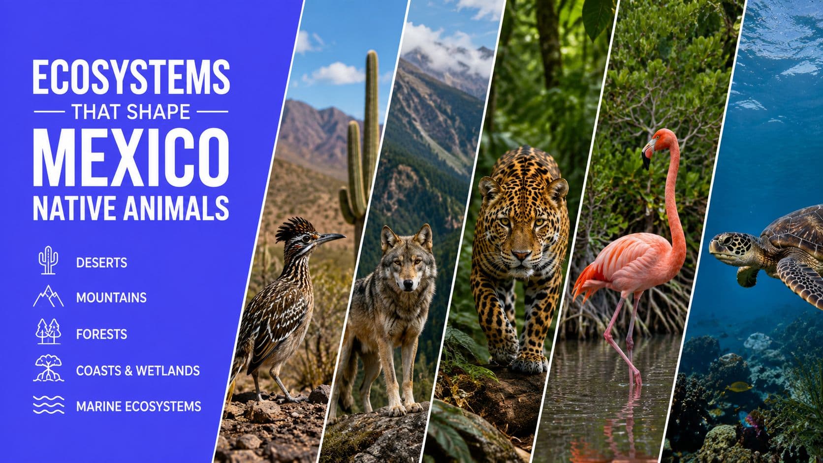 A vibrant infographic showcasing various Mexican ecosystems and their iconic native animals including a roadrunner, wolf, leopard, flamingo, and sea turtle.