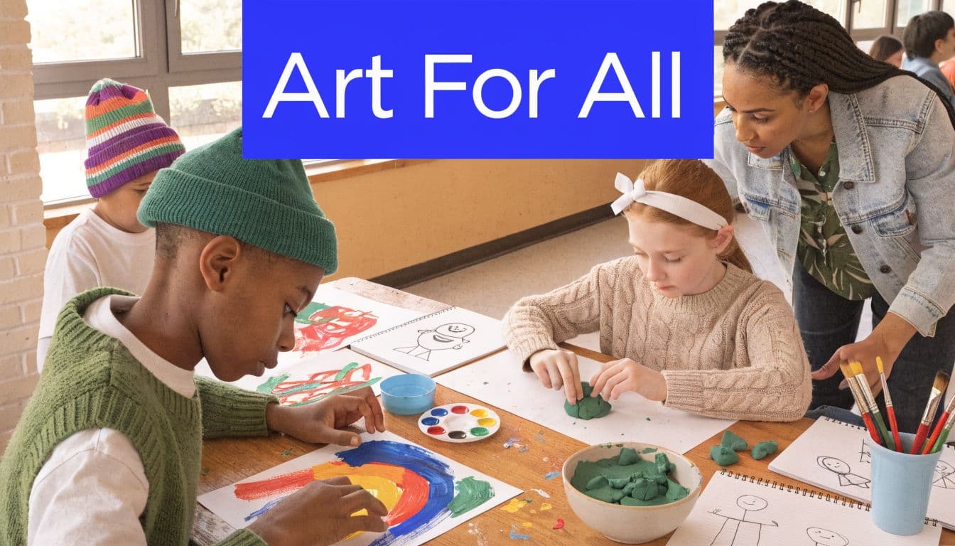 A teacher guides elementary students as they participate in a creative art class with painting and clay.