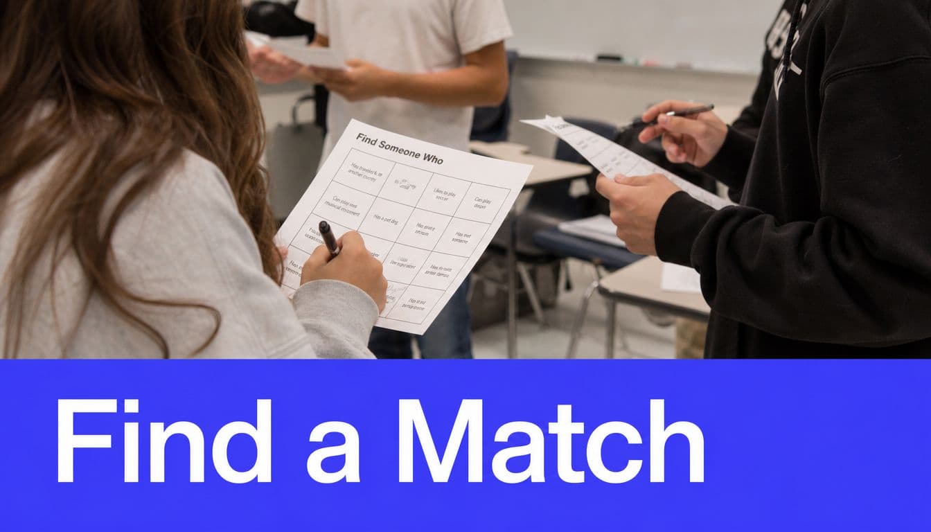 Students in a classroom participating in an ice breaker activity using a find someone who worksheet.