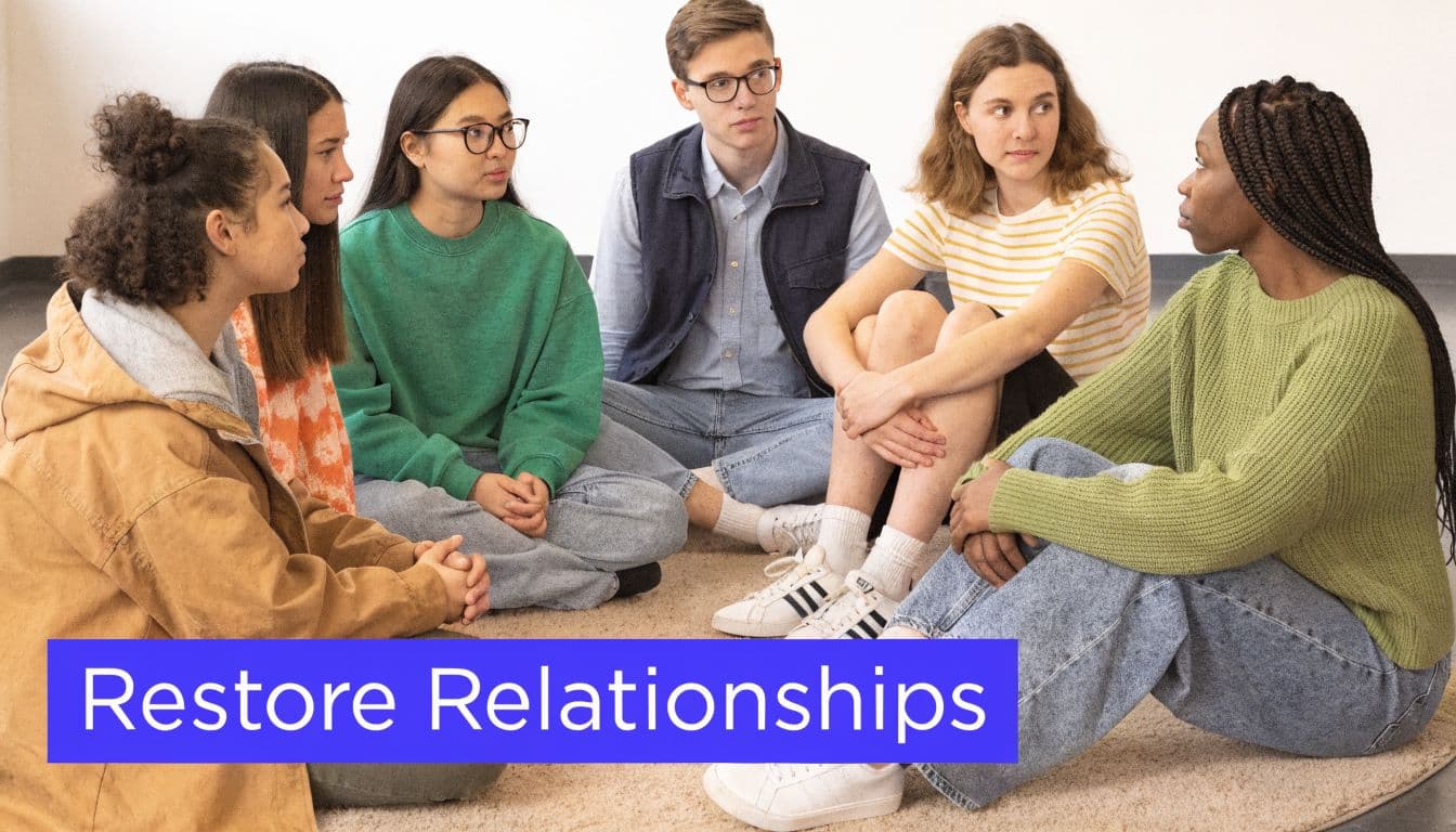 A diverse group of young people sitting in a circle on the floor having a discussion.