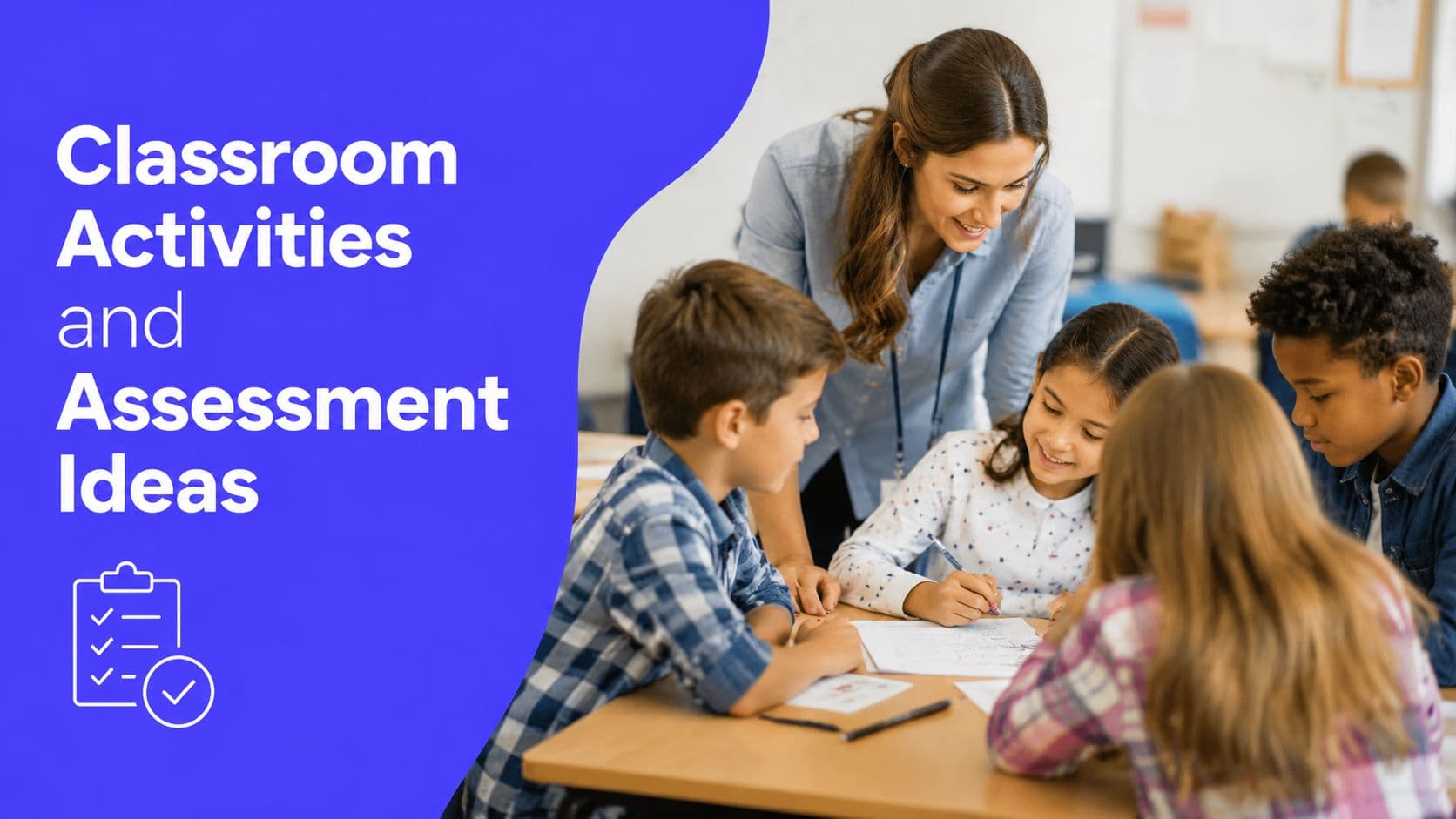 A female teacher assisting elementary school children working on a writing assignment at a classroom table.