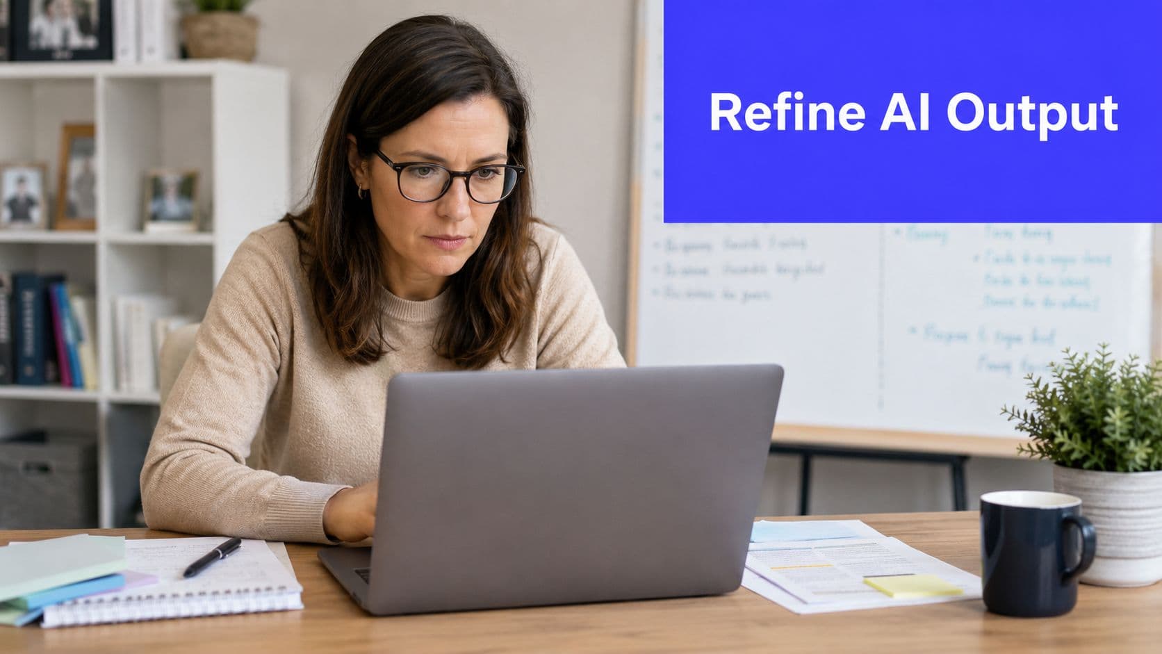 A professional woman wearing glasses works intently on a laptop at a bright, organized home office desk.