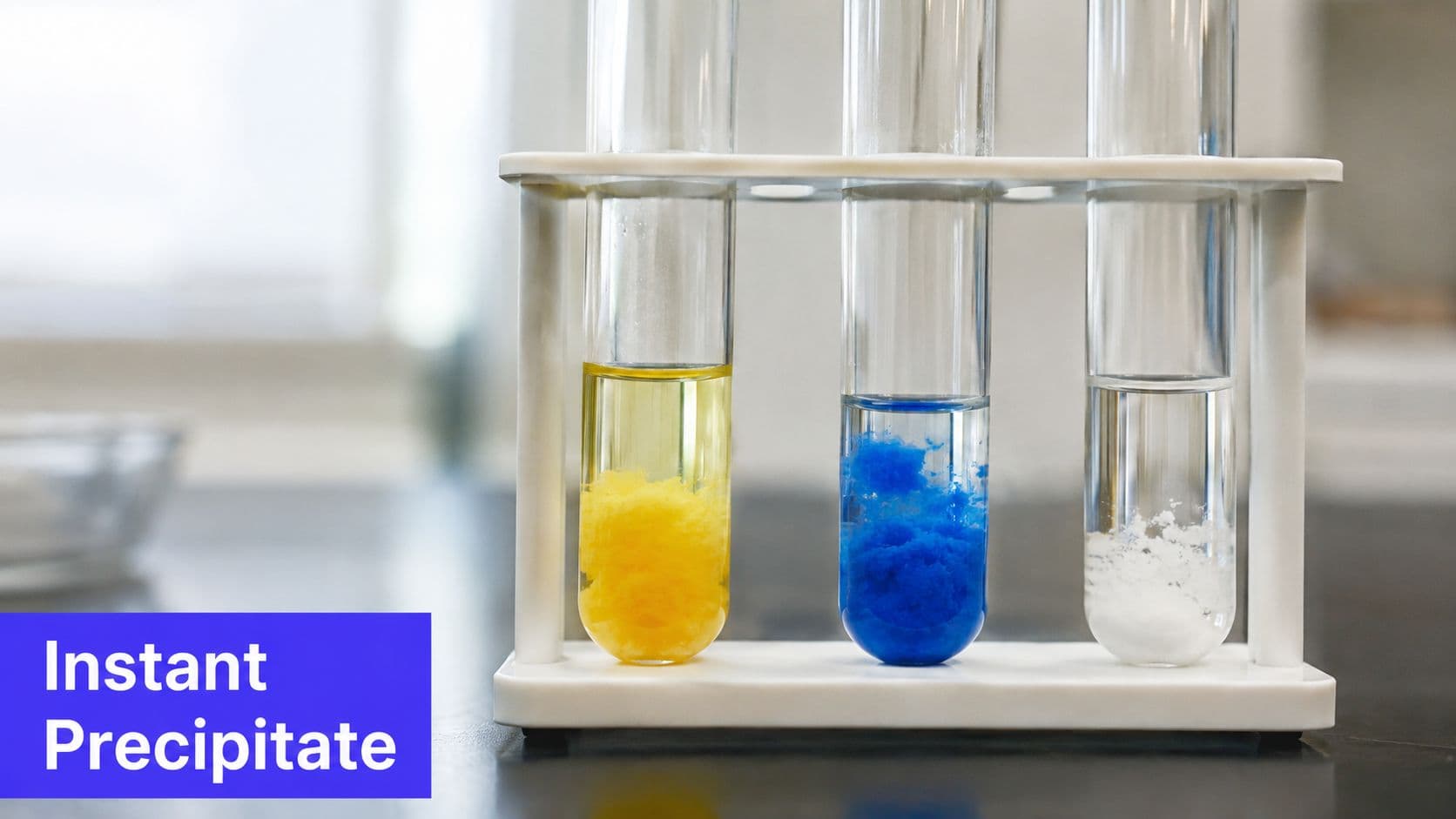 Three glass test tubes in a rack containing yellow, blue, and white chemical precipitates in liquid solutions.