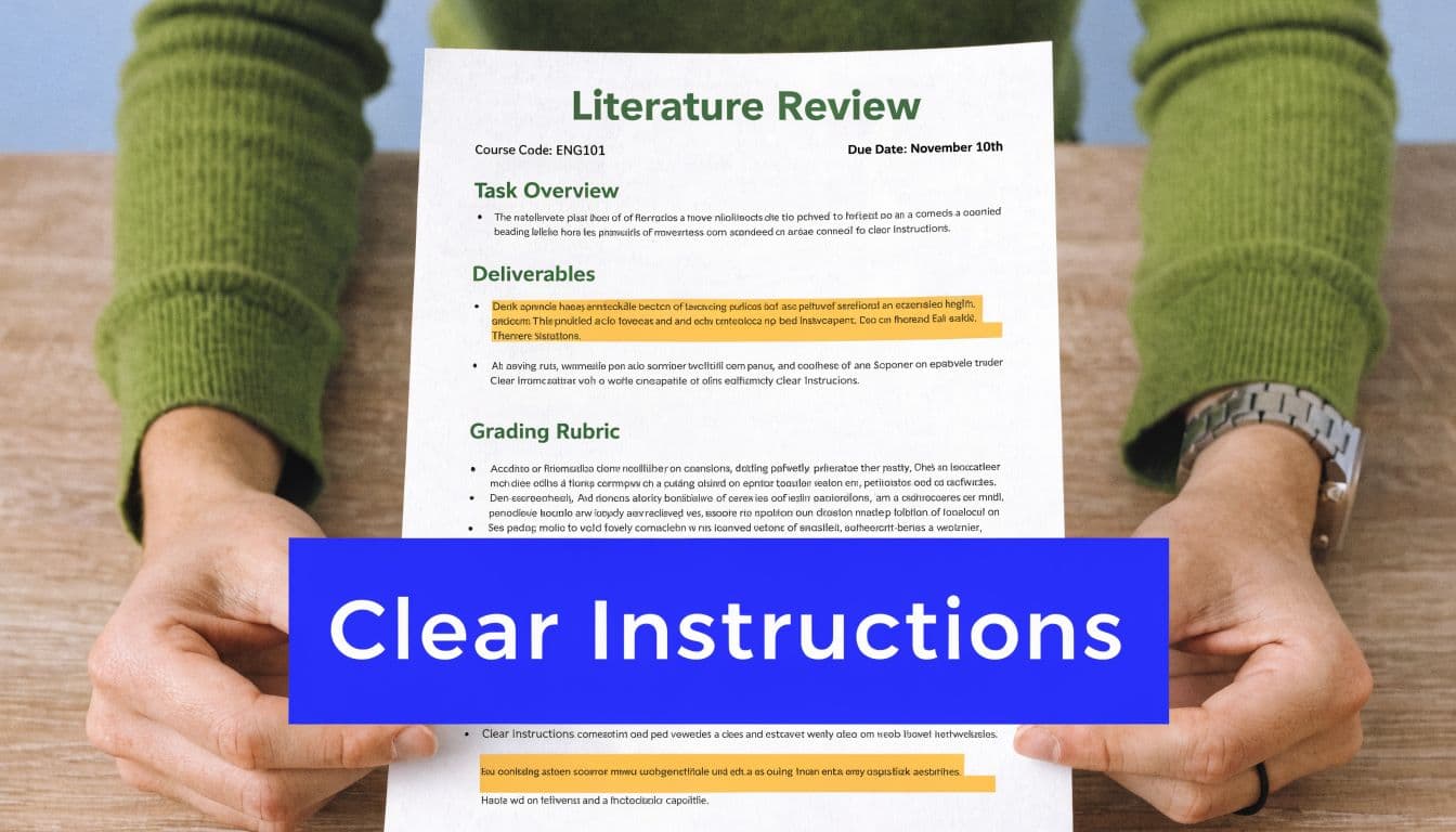 A person holding a printed assignment sheet titled Literature Review with clear instructions for a student project.