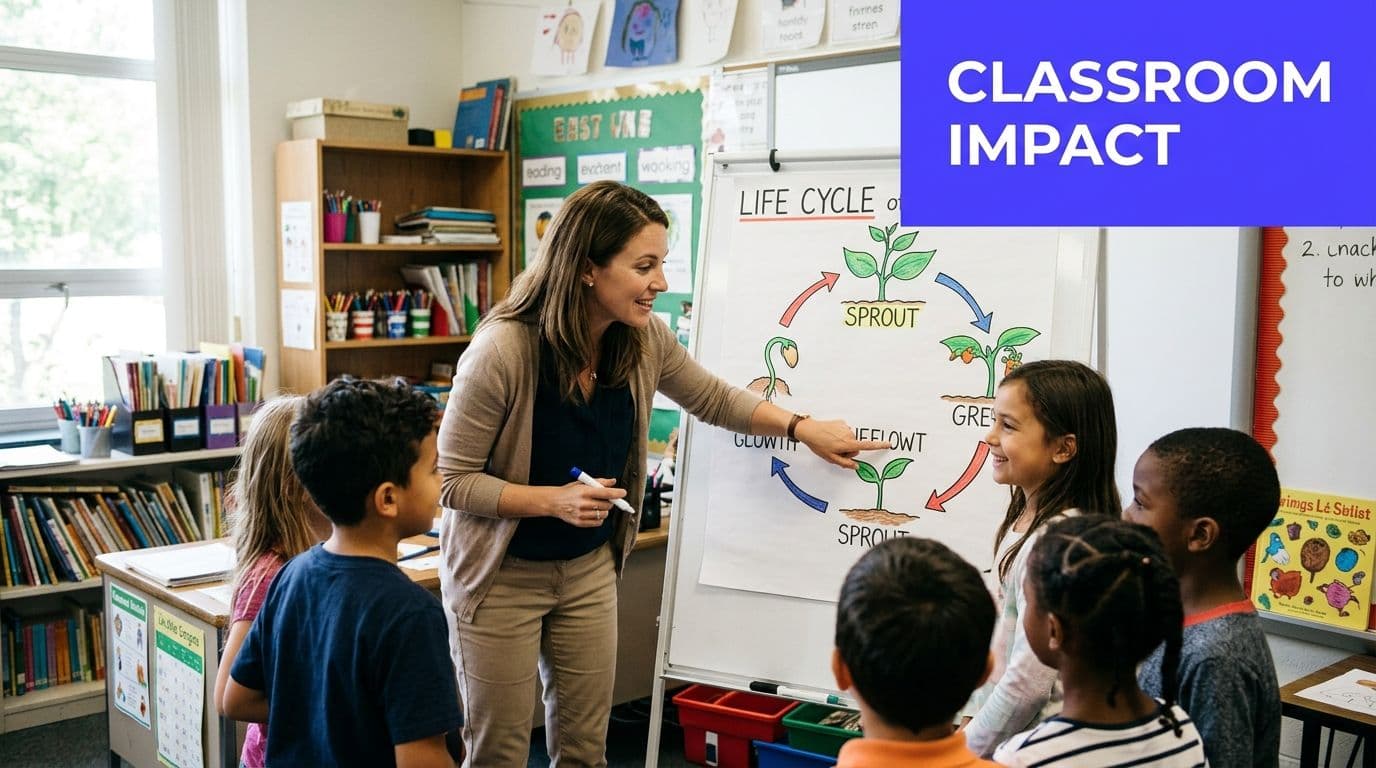 A teacher pointing at a plant life cycle chart while instructing her young students in a classroom.